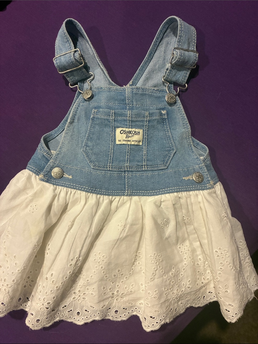 OshKosh B'gosh Light Blue Denim Bib Dress with White Eyelet Skirt